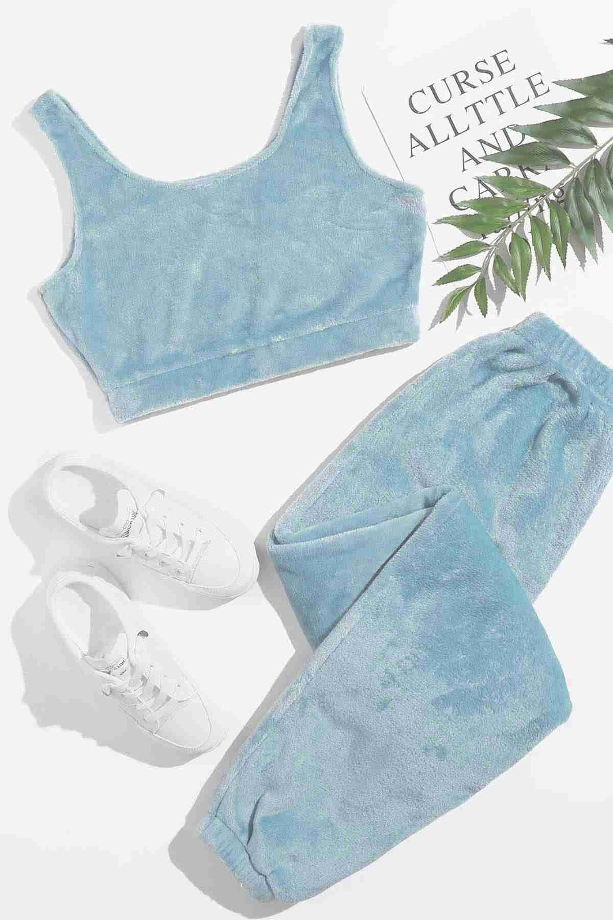 Genel Markalar Iç Giyim Tutkusu Kolsuz Askılı Peluş Polar Alt Üst Pijama Takımı Mavi