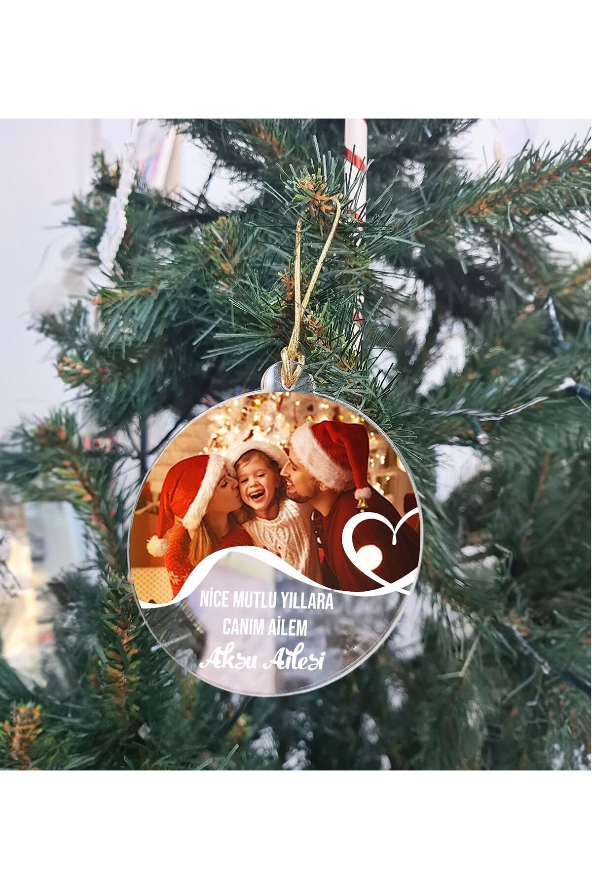 Bk Gift Kişiye Özel Aile Şeffaf Pleksi Yılbaşı Ağaç Süsü- 1, Yeni Yıl Hediyesi, Fotoğraflı & Mesajlı