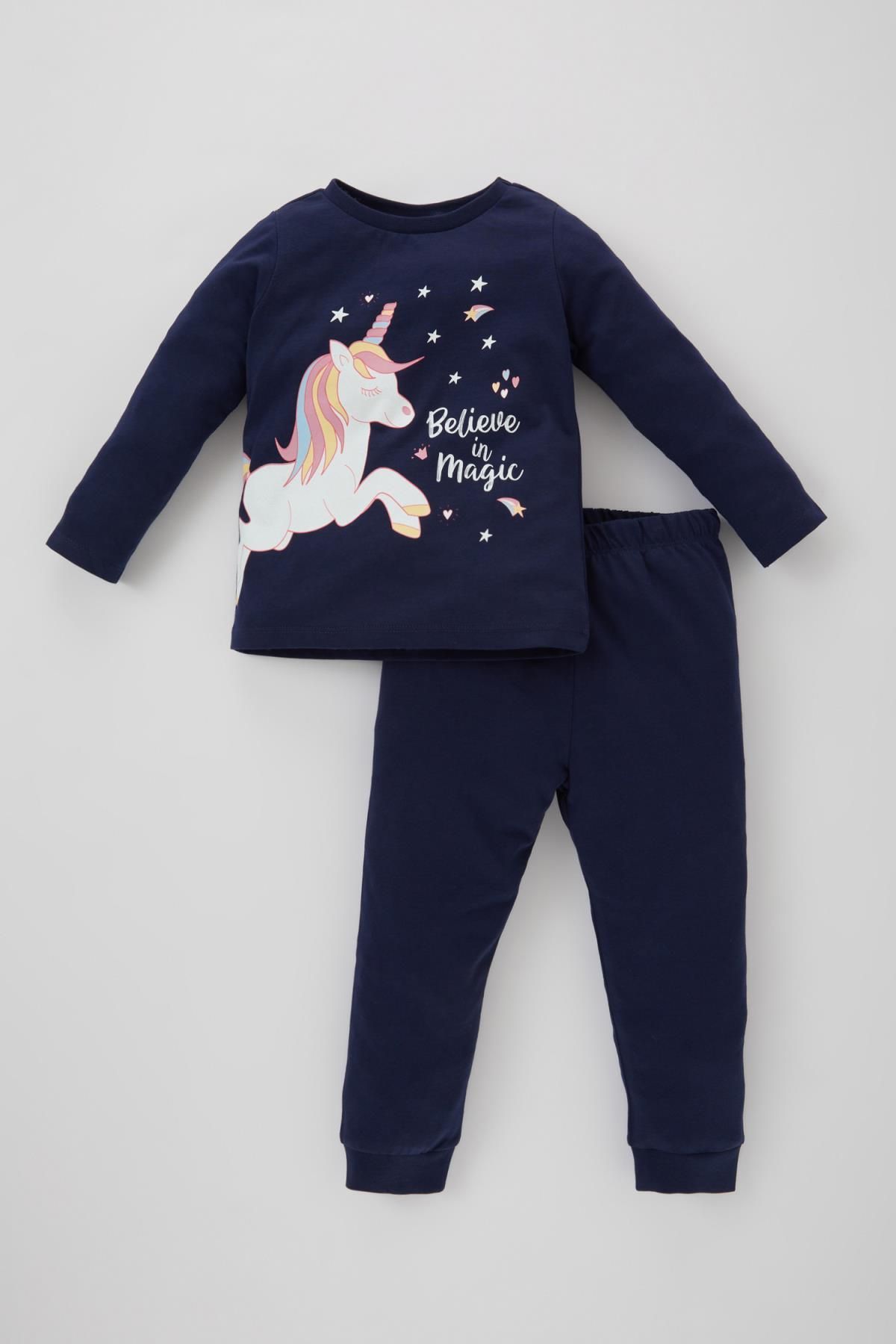 Defacto Kız Bebek Unicorn Baskılı Karanlıkta Parlayan Uzun Kollu Penye Pijama Takımı