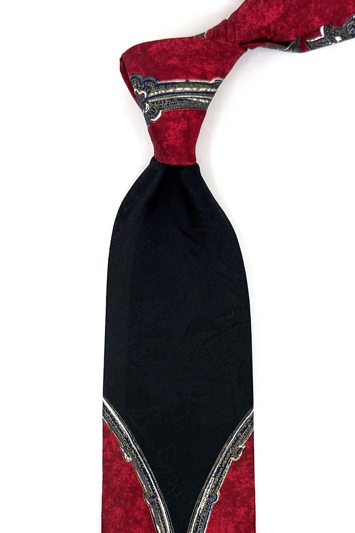 Kravatkolik Kırmızı - Siyah Motif Desen İtalyan İpek Kravat İK1461