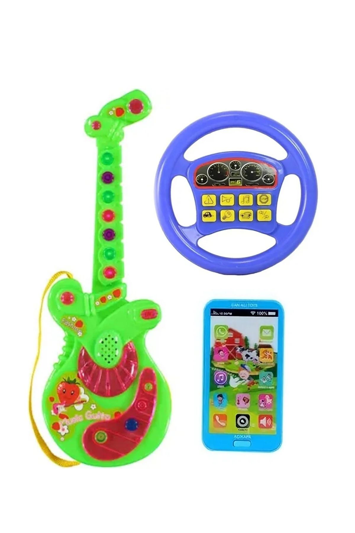 Numaca 3lü Eğitici Set Türkçe Müzikli Oyuncak Gitar Android Dokunmatik Telefon Oyuncak Mavi Direksiyon