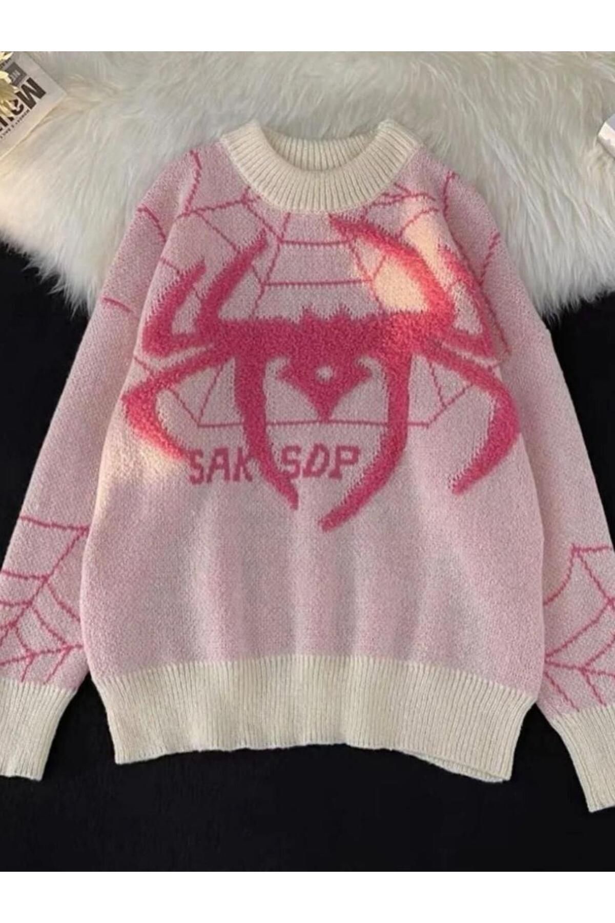 Planet Butik Pink Spider Örümcek Ağı Oversize Kazak