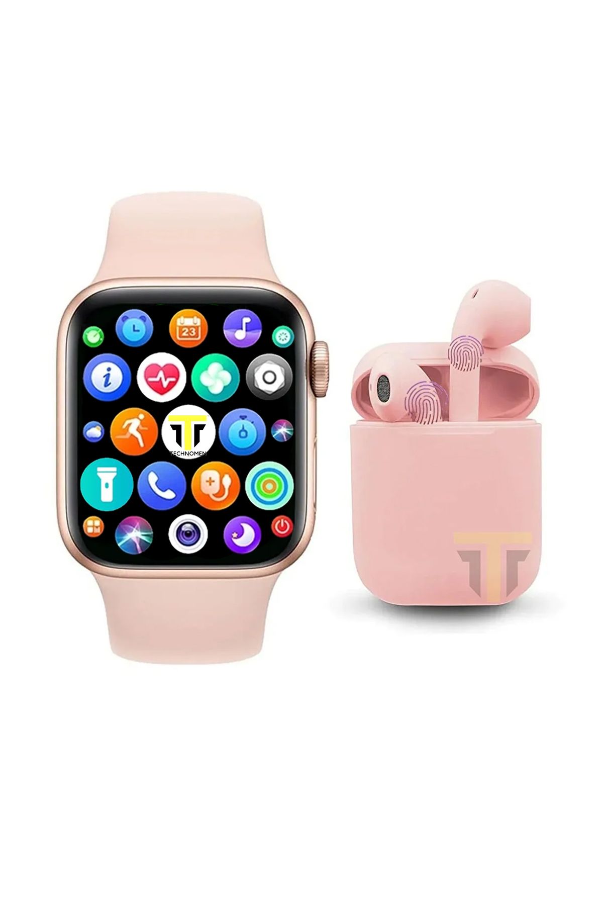 TECHNOMEN Akıllı Saat T500 Plus +  Kablosuz Kulaklık Ikili Pembe Set Ios Android Uyumlu Smartwatch.