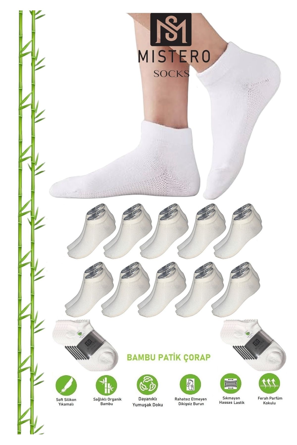 MISTERO SOCKS 10 Çift Dikişsiz Bambu Patik Çorap Beyaz