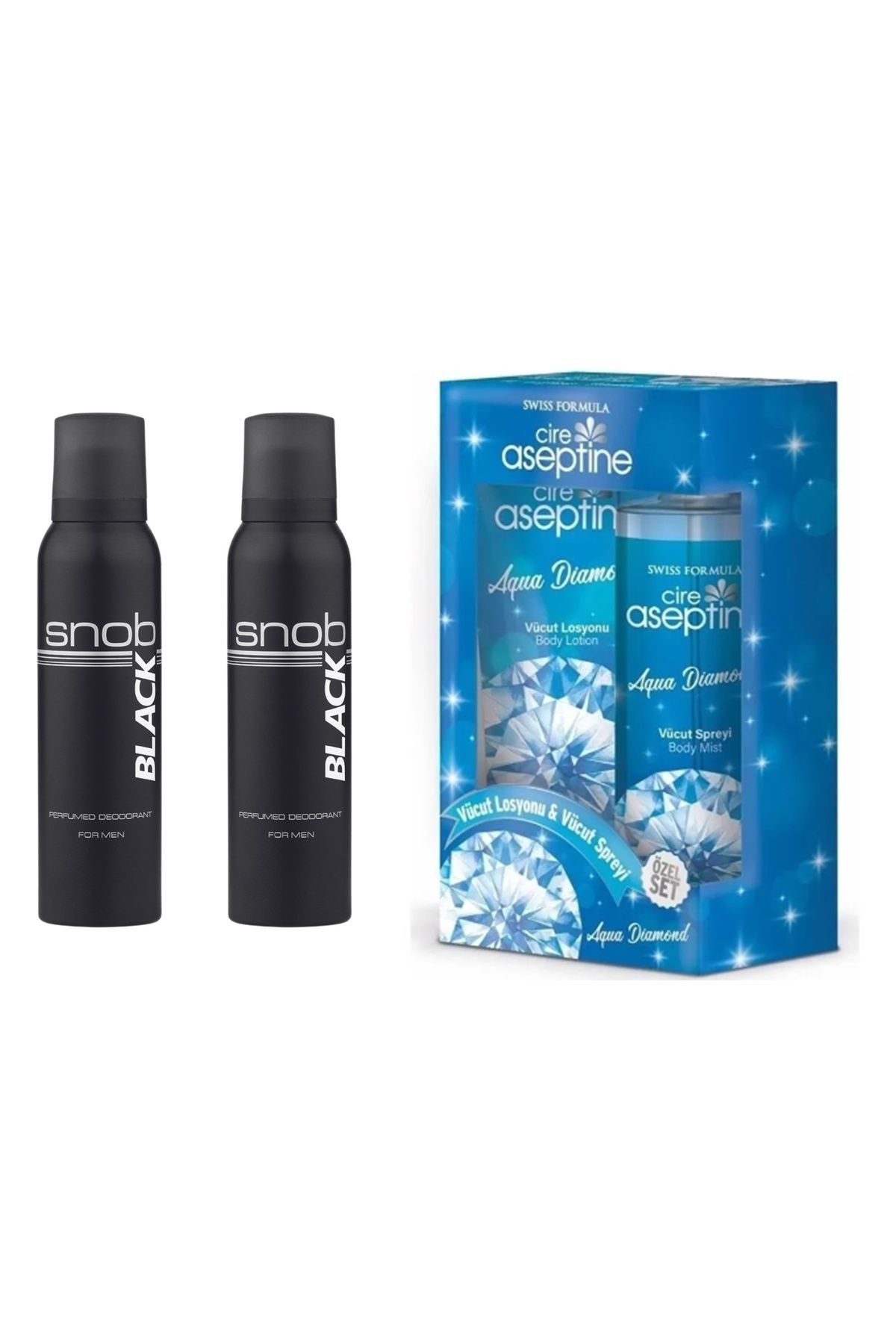 Snob Black Perfumed Deodorant For Men 150 ml 2 Adet + Cire Aseptine Kadın Aqua Vücut Sprey 200 ml