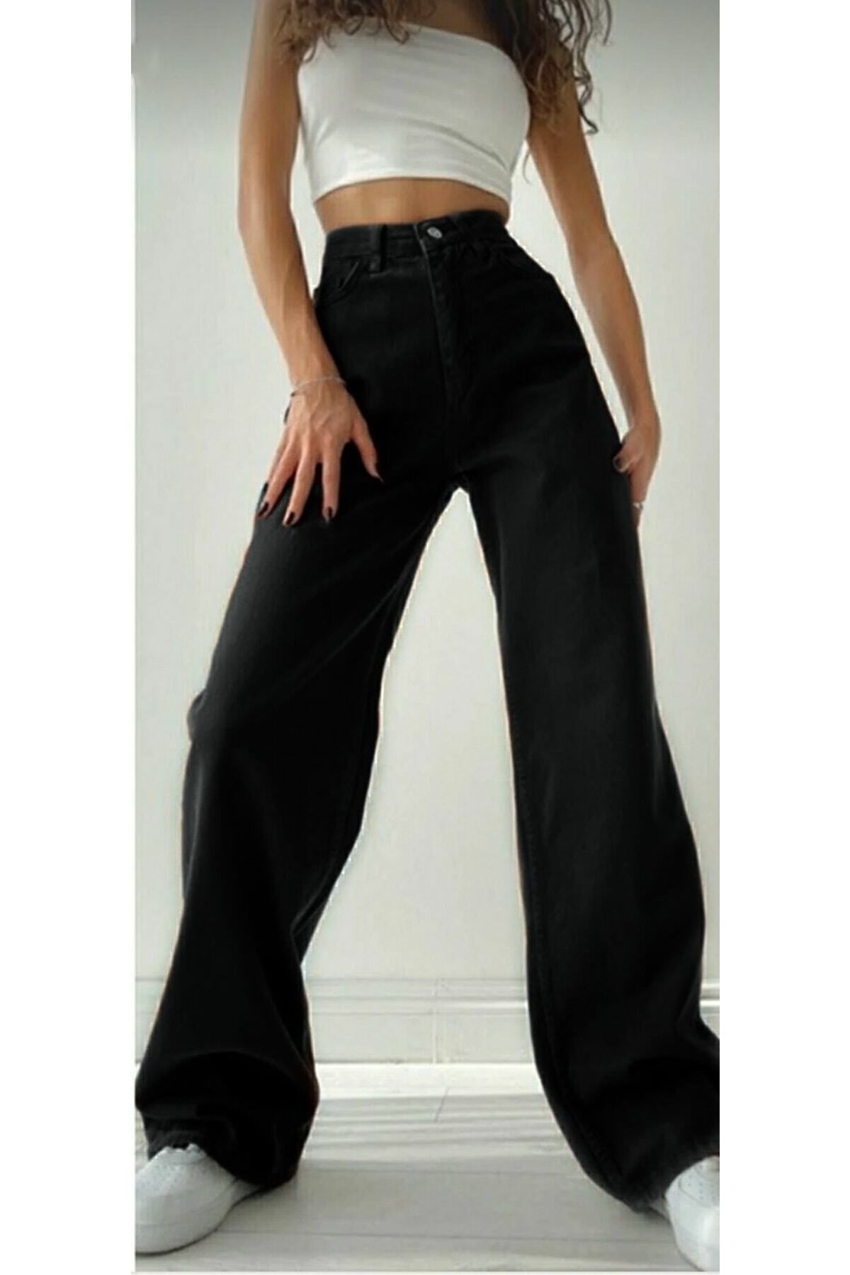 geenz manifacture Gabrielle Siyah Power Likralı Süper Yüksek Bel Salaş Jeans Palazzo Pantolon