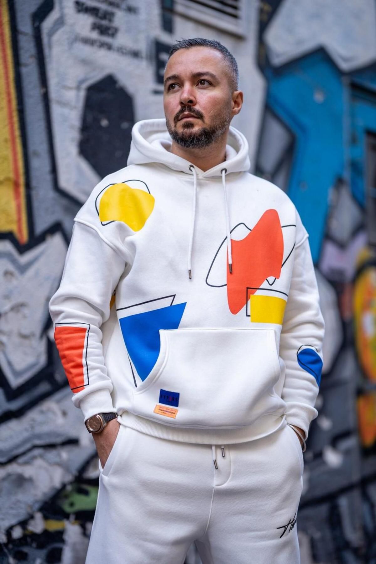 HYPERS Colorful Baskılı Ekru Kapüşonlu Oversize Sweatshirt