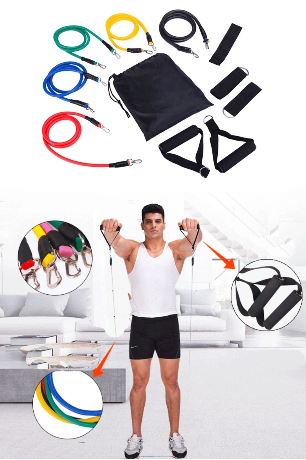 Buffer ® 11 Parça Lateks Spor Seti Egzersiz Bandı Ekipmanları Çekme Halatı Egzersiz Seti