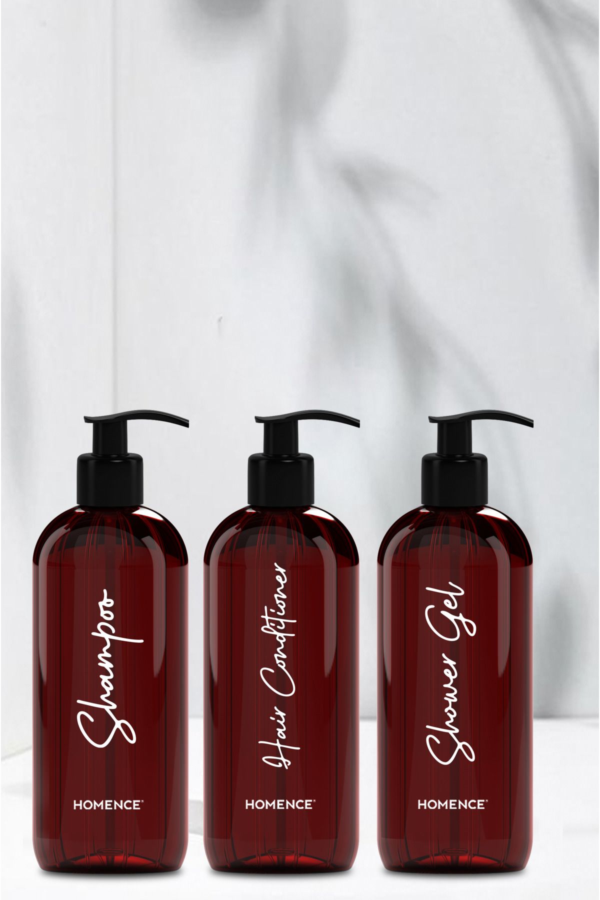 homence Şampuan Duş Jeli Saç Kremi Baskılı Plastik Şişe Banyo Seti 3'lü Amber Sabunluk 500 ml