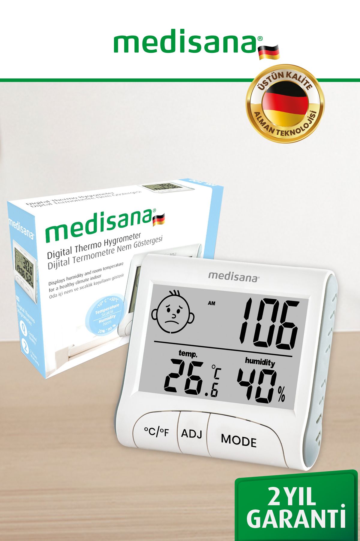 medisana Alman Tasarım Dijital Ekranlı Alarm Saat Sıcaklık Isı Nem Ölçer Termometre