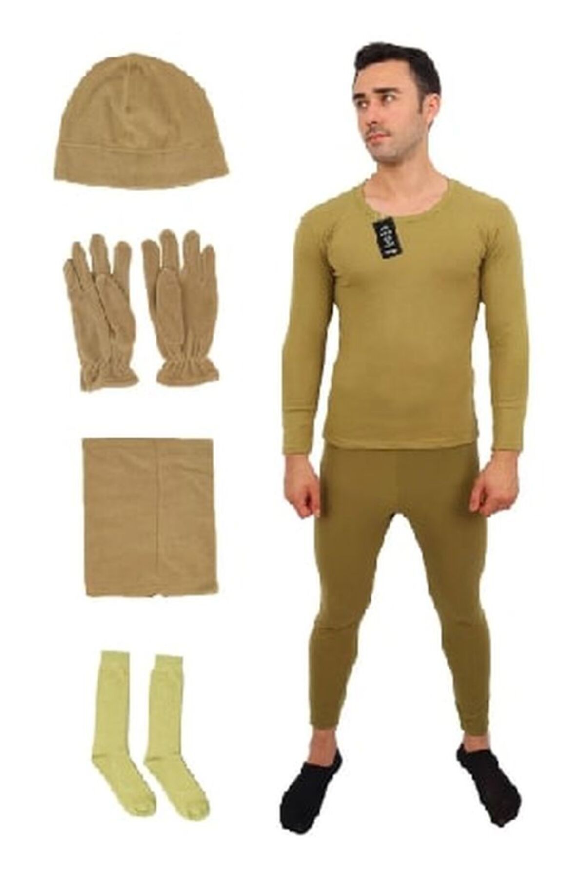 Leyal İç Giyim 5'li Set: Asker Yeşili Termal Içlik Takımı - Boxer Polar Bere Boyunluk Eldiven Çorap Seti