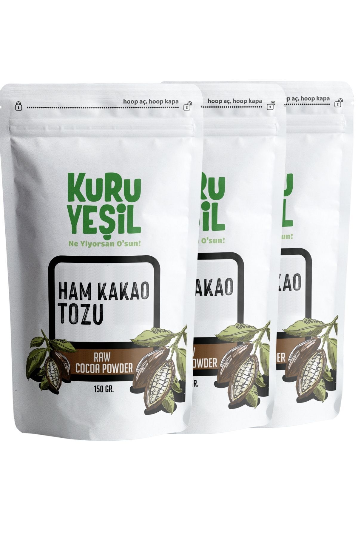 Kuru Yeşil Ham Kakao 150 gr 3'lü Paket | Kakao Tozu | Katkı Yok | Koruyucu Yok