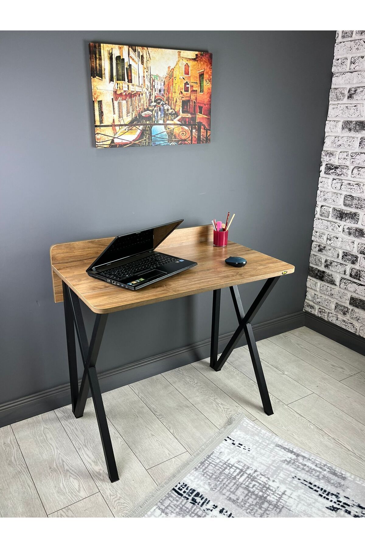 hey modüler mobilya Hayal Ceviz Çalışma Masası Bilgisayar Ofis Masası Metal Siyah Ayaklı 90 cm