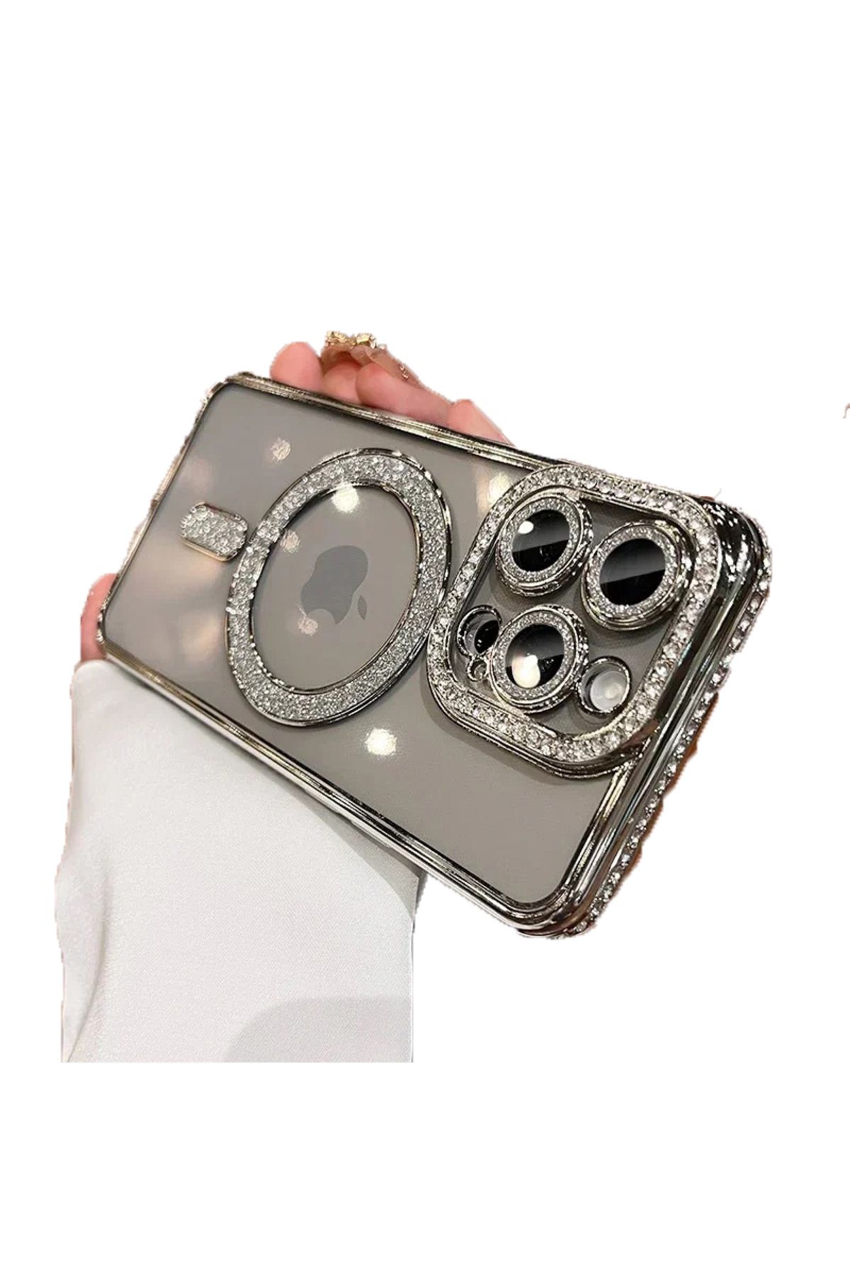 UnDePlus Apple iPhone 15 Pro Max Kılıf Simli Magsafe Kamera Kenar Taşlı Kapak