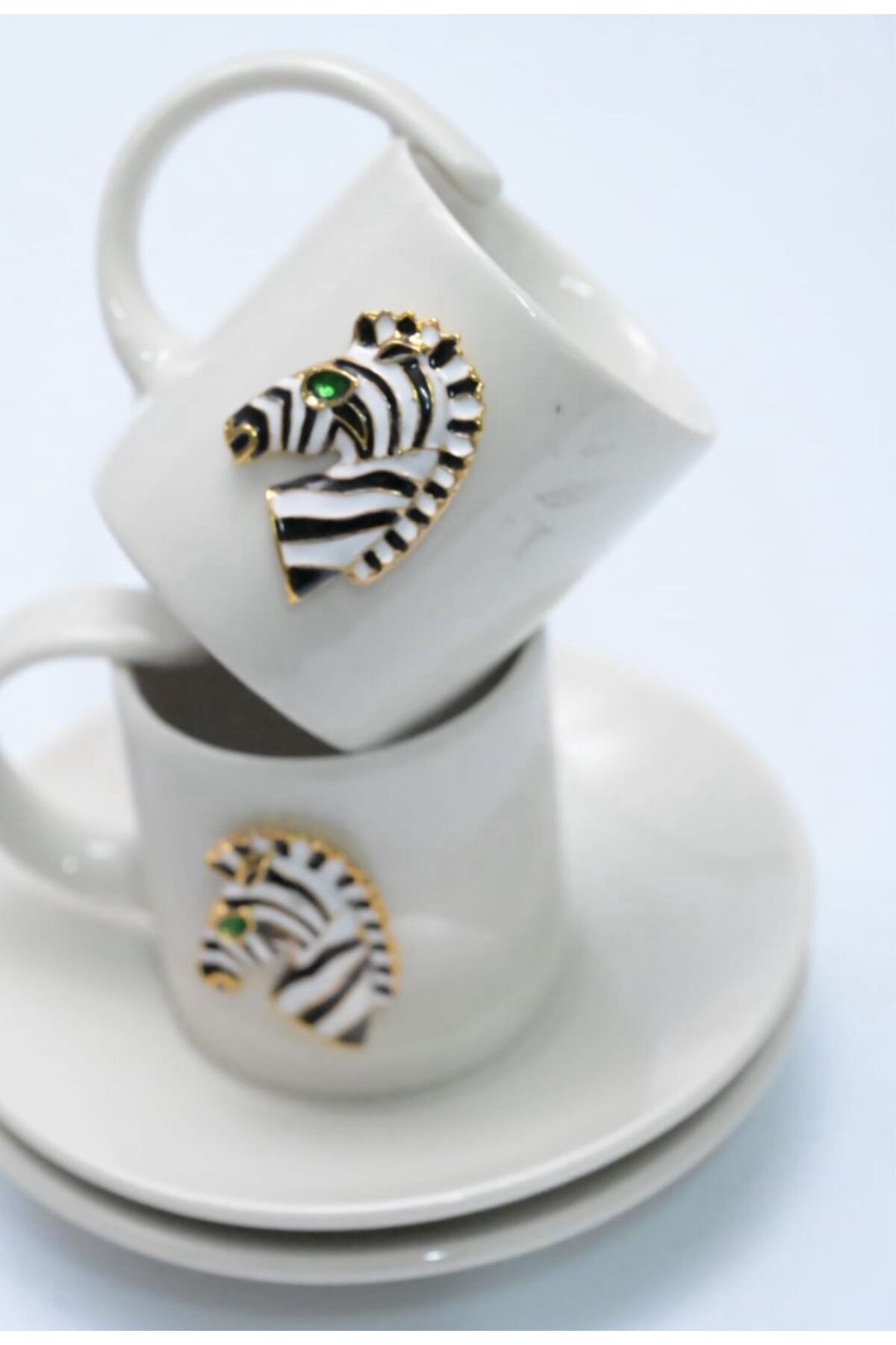 TR Turan Collection 2'li Zebra Motifli Porselen Kahve Fincan Seti El Yapımı Kahve Bardağı
