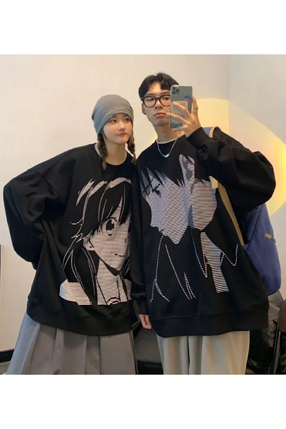 Köstebek Siyah Harajuku Anime Couple Boy Uzun Kollu T-Shirt