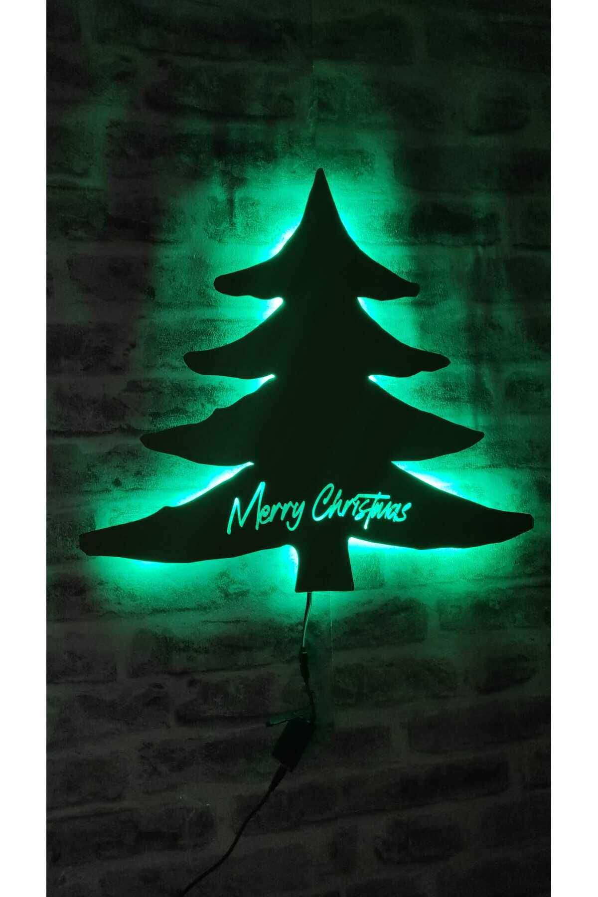 YufiDesign Yeşil Ahşap Yılbaşı Ağacı, Işıklandırılmış Duvar Tablosu, Yeni Yıl Ağacı, Yılbaşı Ağacı Dekoru