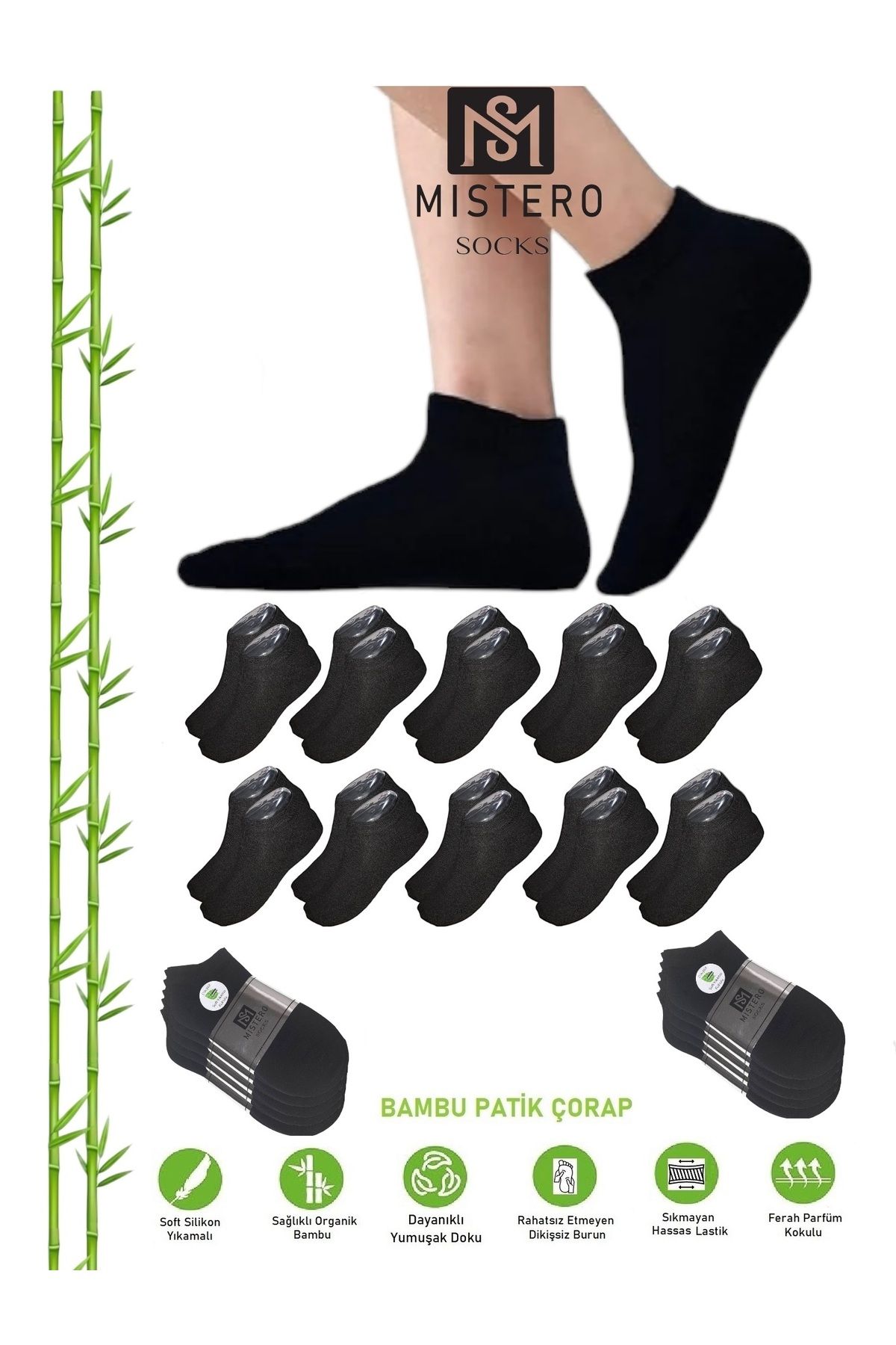 MISTERO SOCKS 10 Çift Dikişsiz Bambu Patik Çorap Siyah
