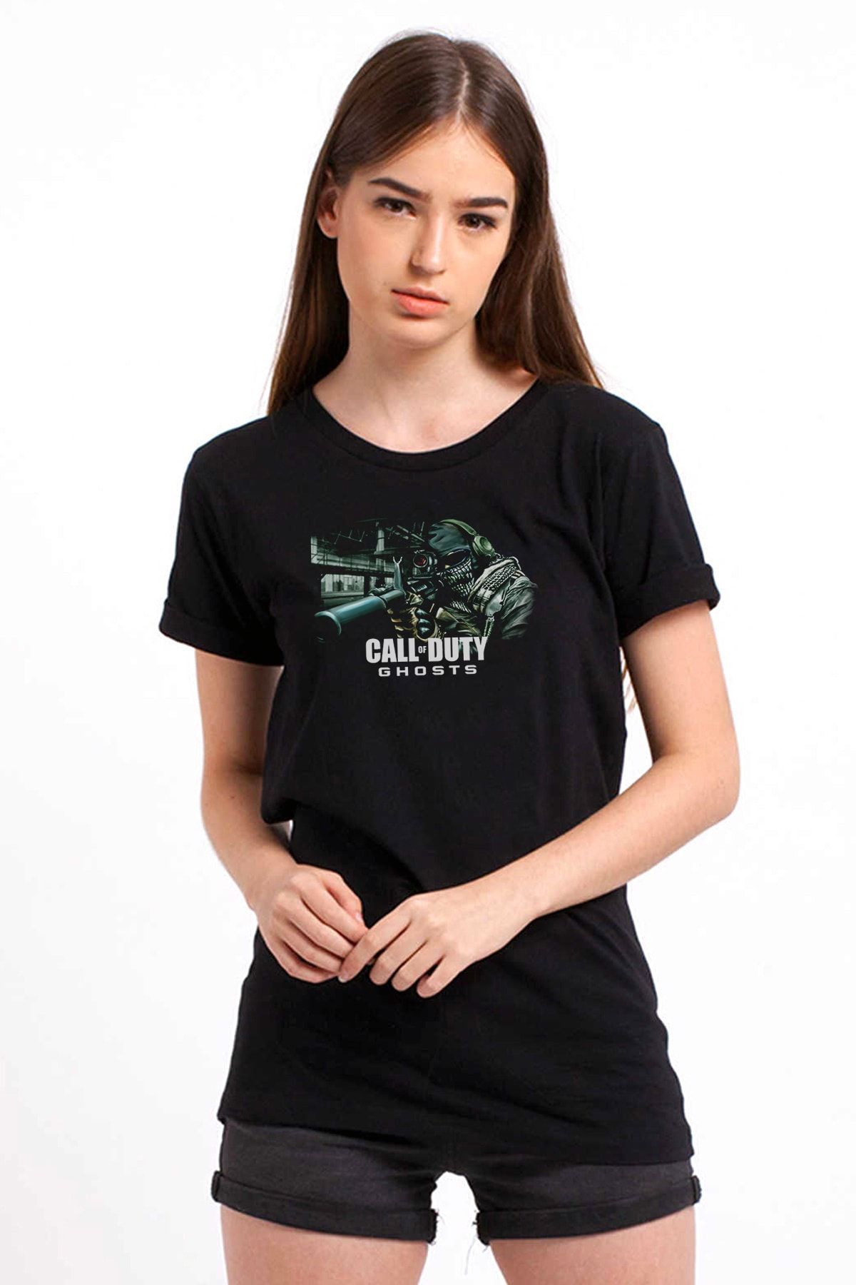 QIVI Call Of Duty Ghost Drawing Baskılı Siyah Kadın Örme Tshirt