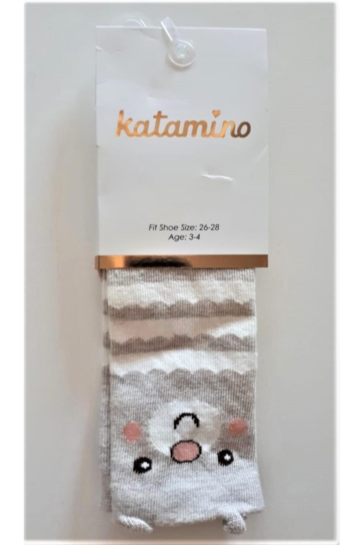 Katamino Kız Ekru Sütlü Kahve Liyana Çizgili 3d li  Golf Çorap
