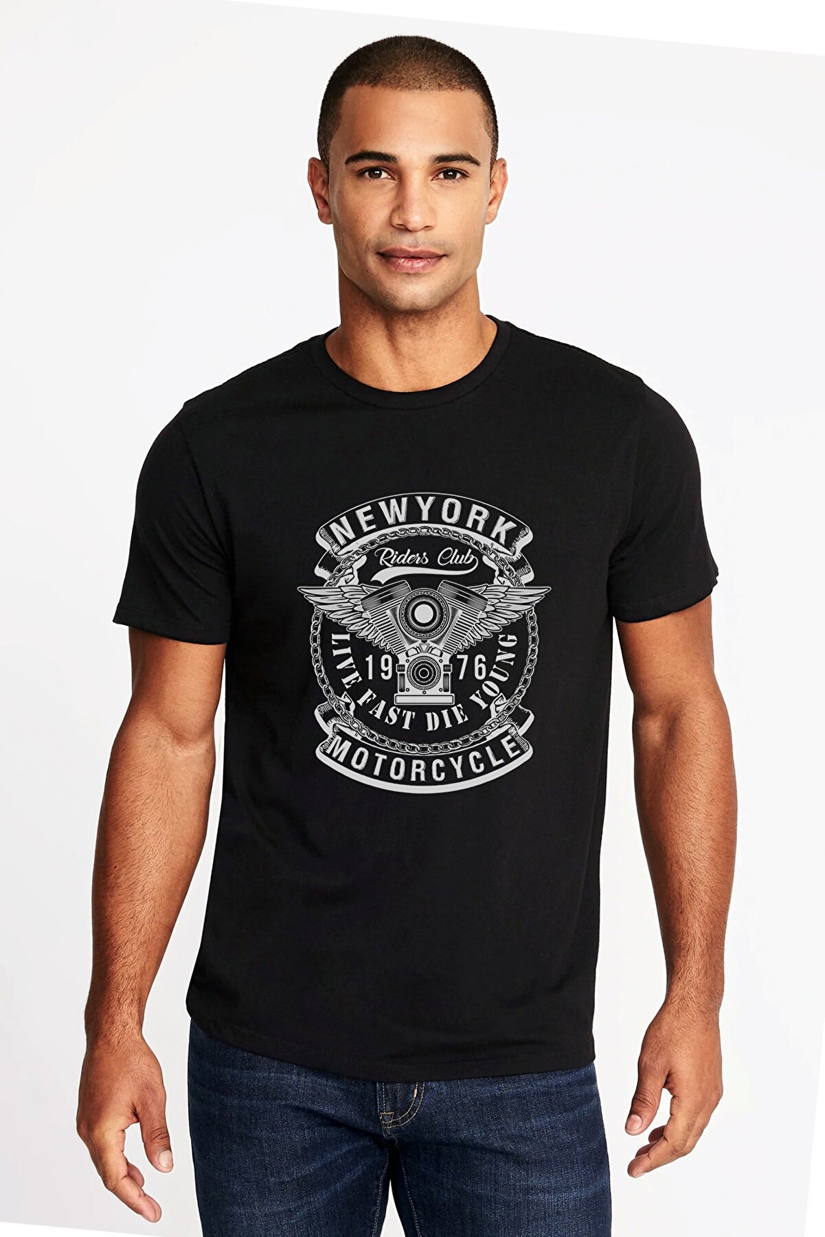 QIVI American Moto Riders Club Baskılı Siyah Erkek Örme Tshirt