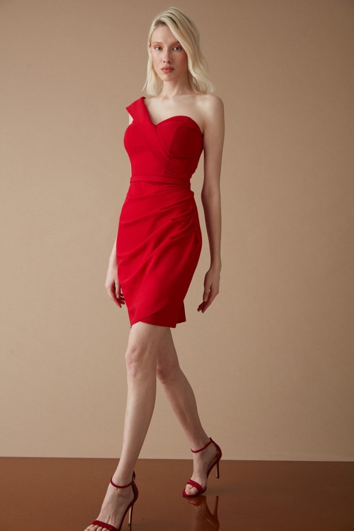 Keikei Kadın Kırmızı Krep Kısa Kol Kısa Elbise