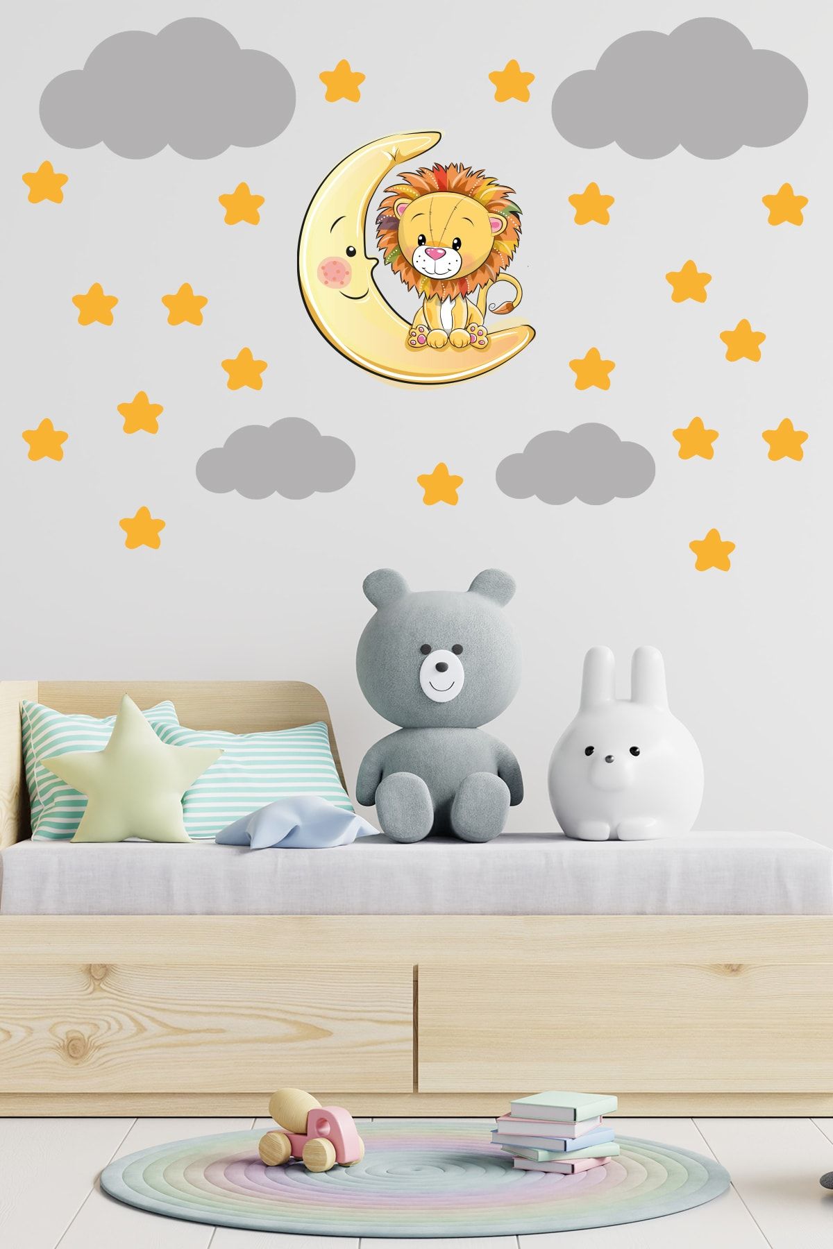 Tilki Dünyası Sevimli Aslan Sarı Yıldızlar Ve Gri Bulutlar Dekoratif Bebek Çocuk Odası Duvar Sticker