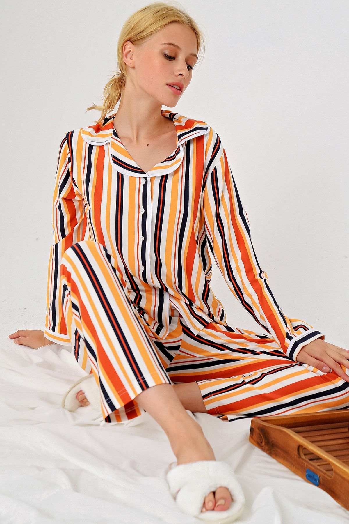 Trend Alaçatı Stili Kadın Multi Çizgili Gömlek Yaka Pijama Takım ALC-X4801