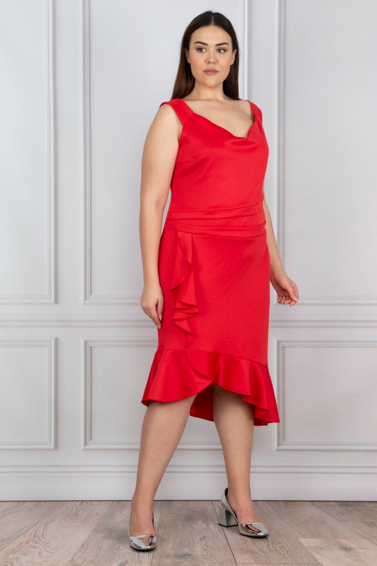 Şans Kadın Büyük Beden Kırmızı Bel Detaylı Volanlı Elbise 65n18112