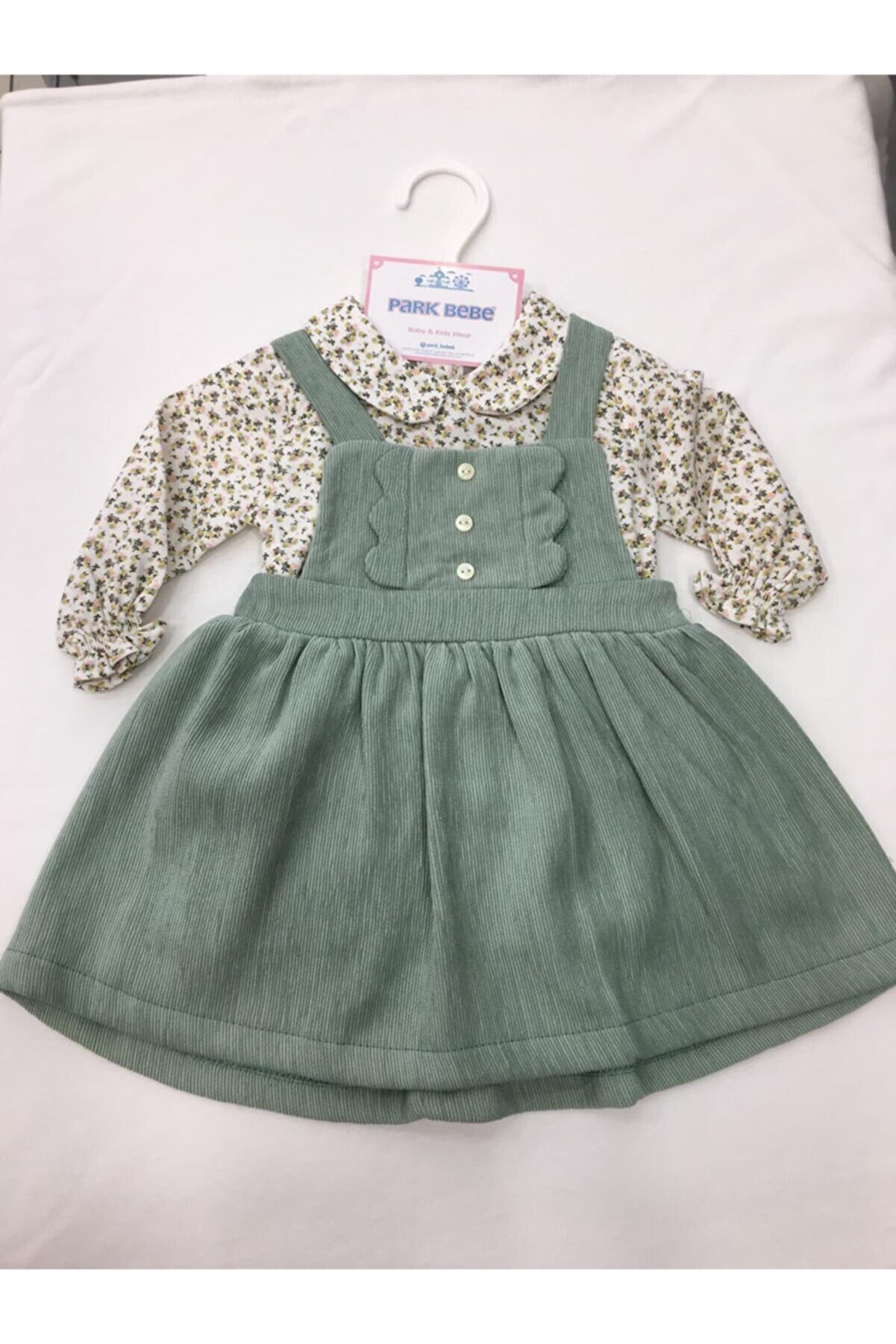 Mymio Kız Bebek Yeşil Fitilli Kadife 2li Salopet Elbise 3017