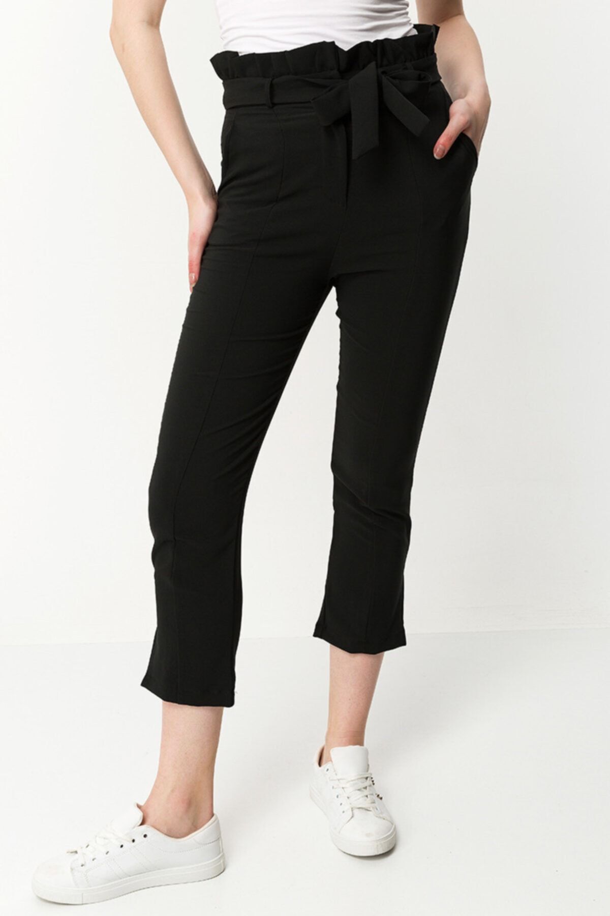 Stamina Kadın Beli Fırfırlı Paçası Yırtmaçlı Pantolon-siyah 1845401