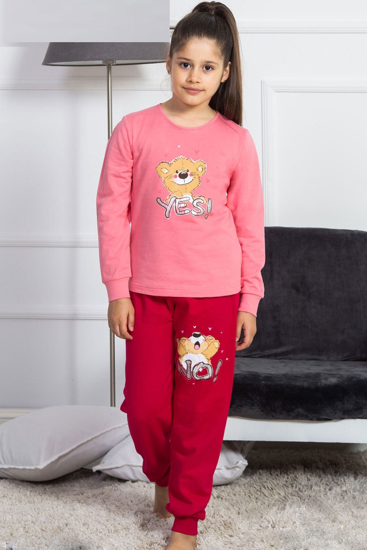 Vienetta Kız Çocuk Pembe Kırmızı Baskılı Pijama Takımı