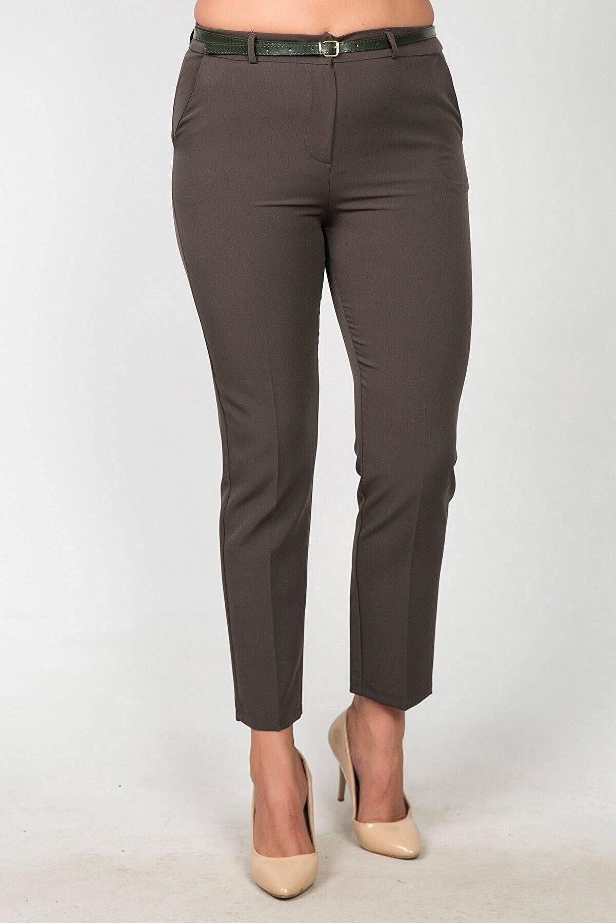 Womenice Kadın Kahverengi Yüksek Bel Klasik Kumaş Büyük Beden Pantolon