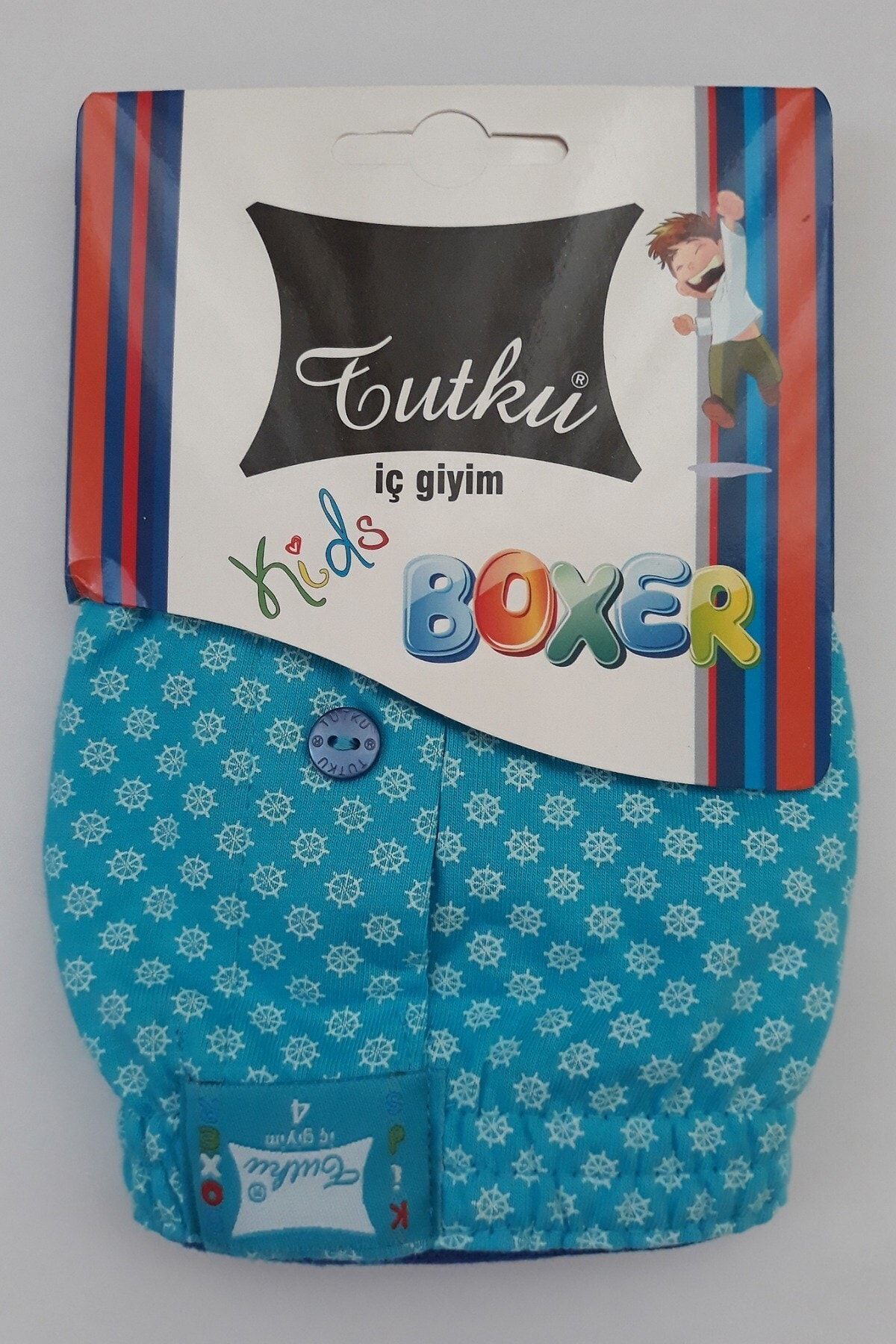 Tutku Erkek Çocuk Desenli Düğmeli Boxer Turkuaz Renk 10'lu Paket %100 Pamuk