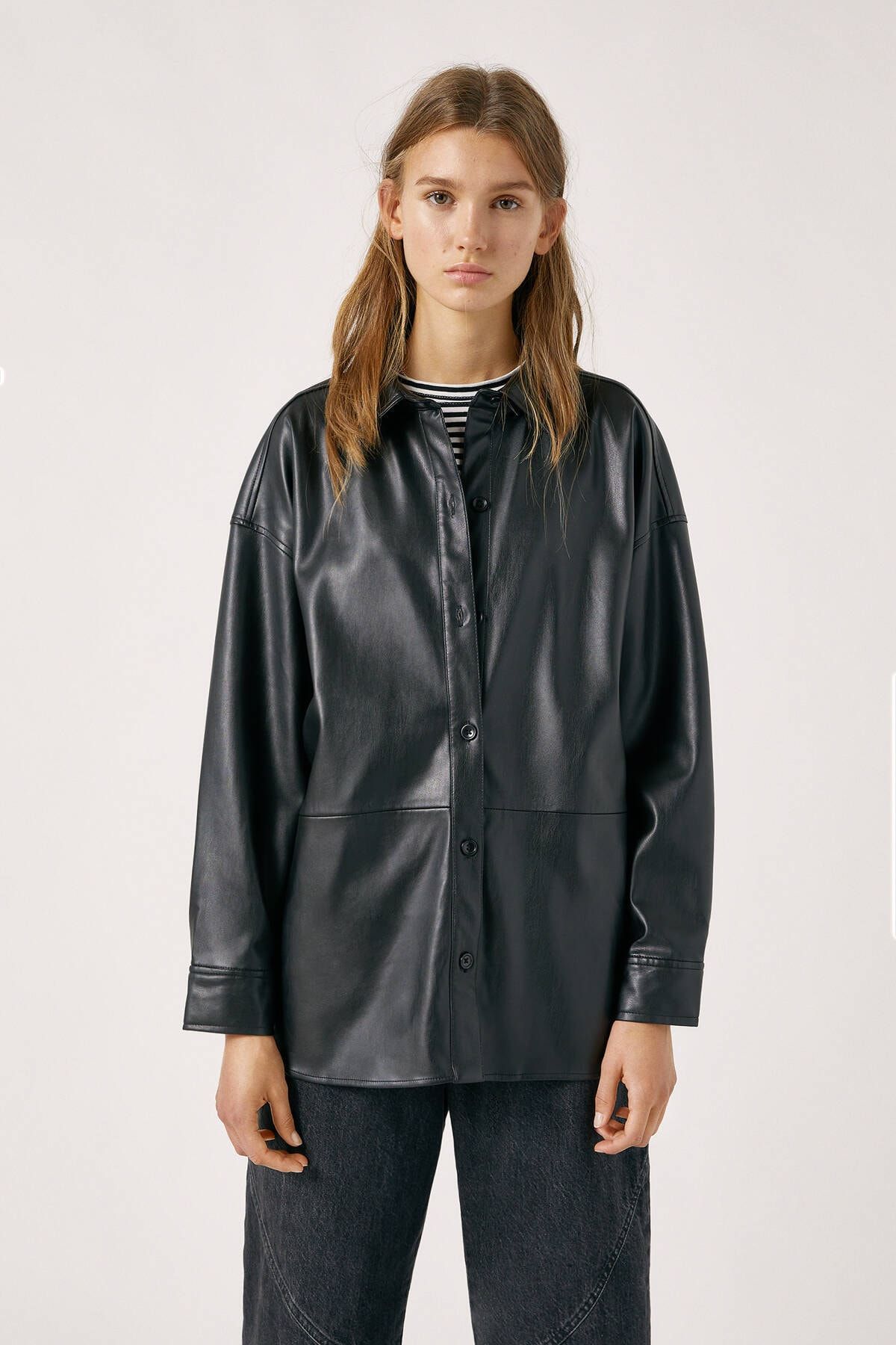 Pull & Bear Panelled Faux Leather Overshirt