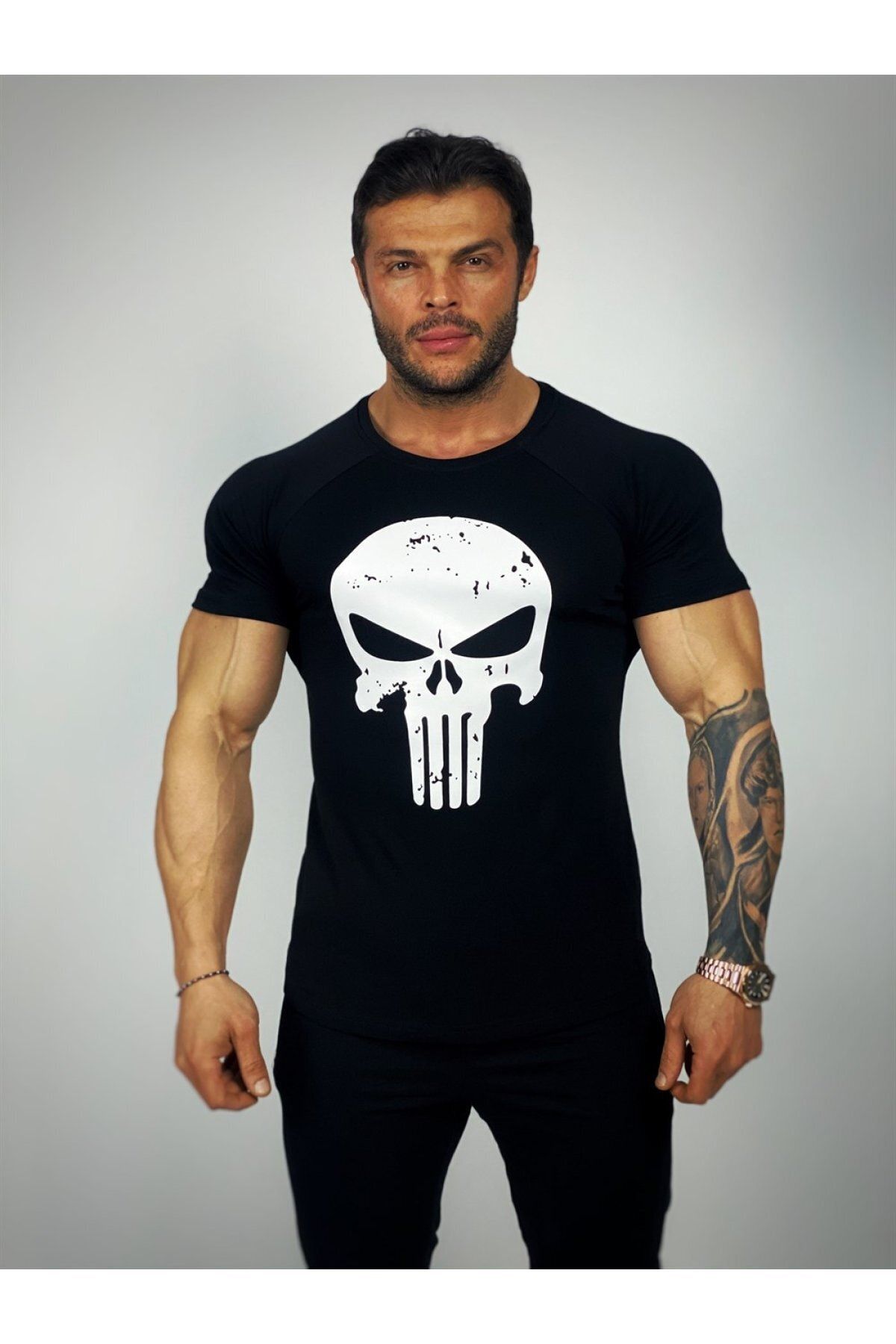 BLACK Erkek Siyah Punisher Fitness T-shirt
