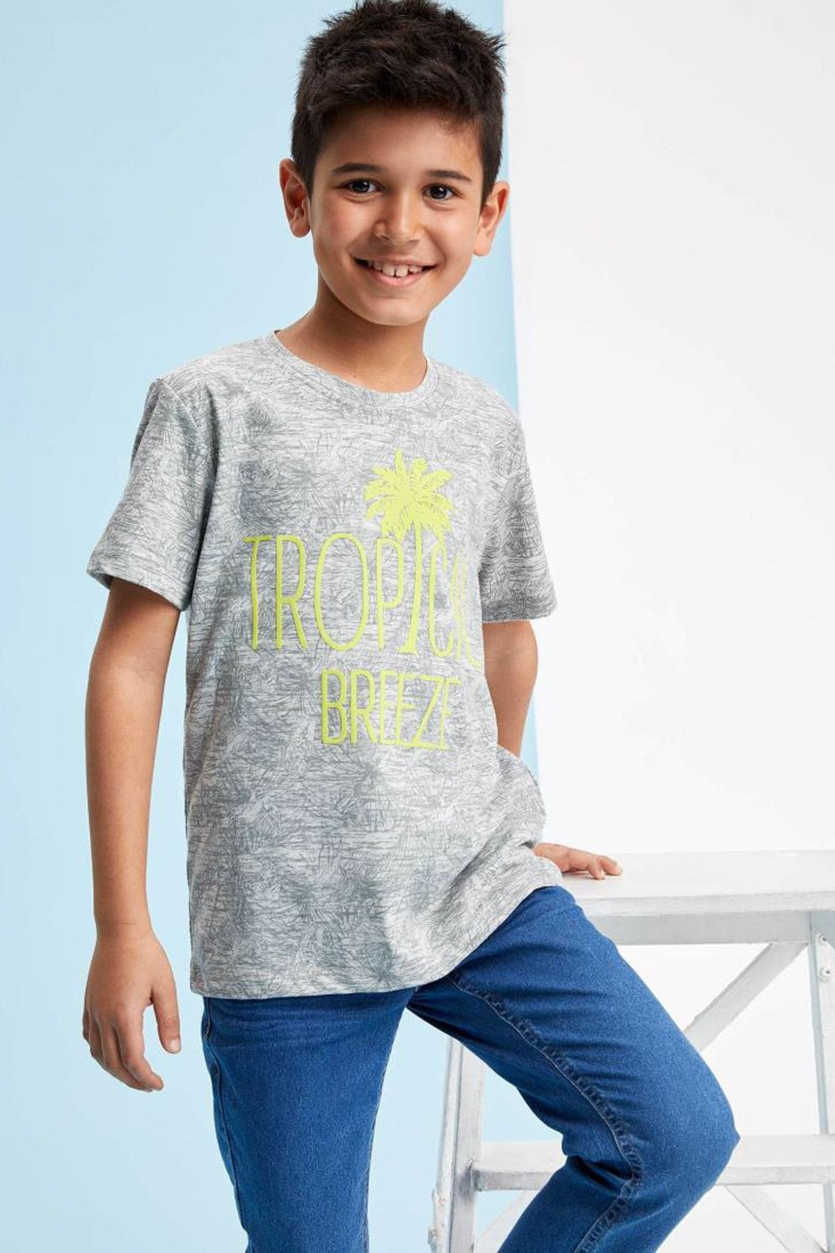 Defacto Gri Erkek Çocuk Desenli Kısa Kollu T-Shirt