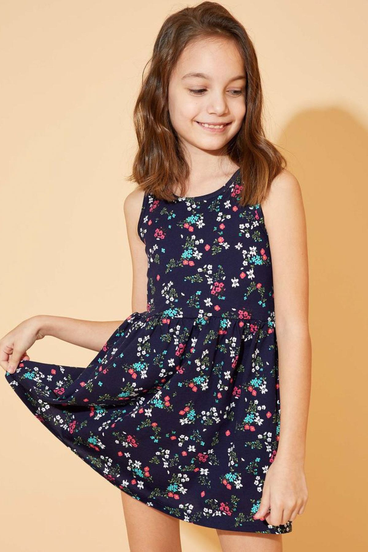 Defacto Kız Çocuk Çiçek Baskı Desenli Kolsuz Elbise