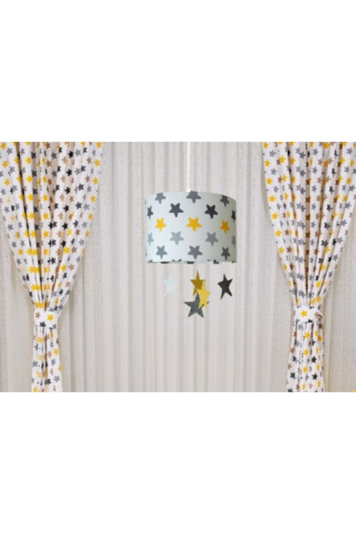 Atölye Lamp Design Çocuk Odası Bebek Odası Gri Sarı Yıldızlı Tekli Avize +fon Perde Takımı