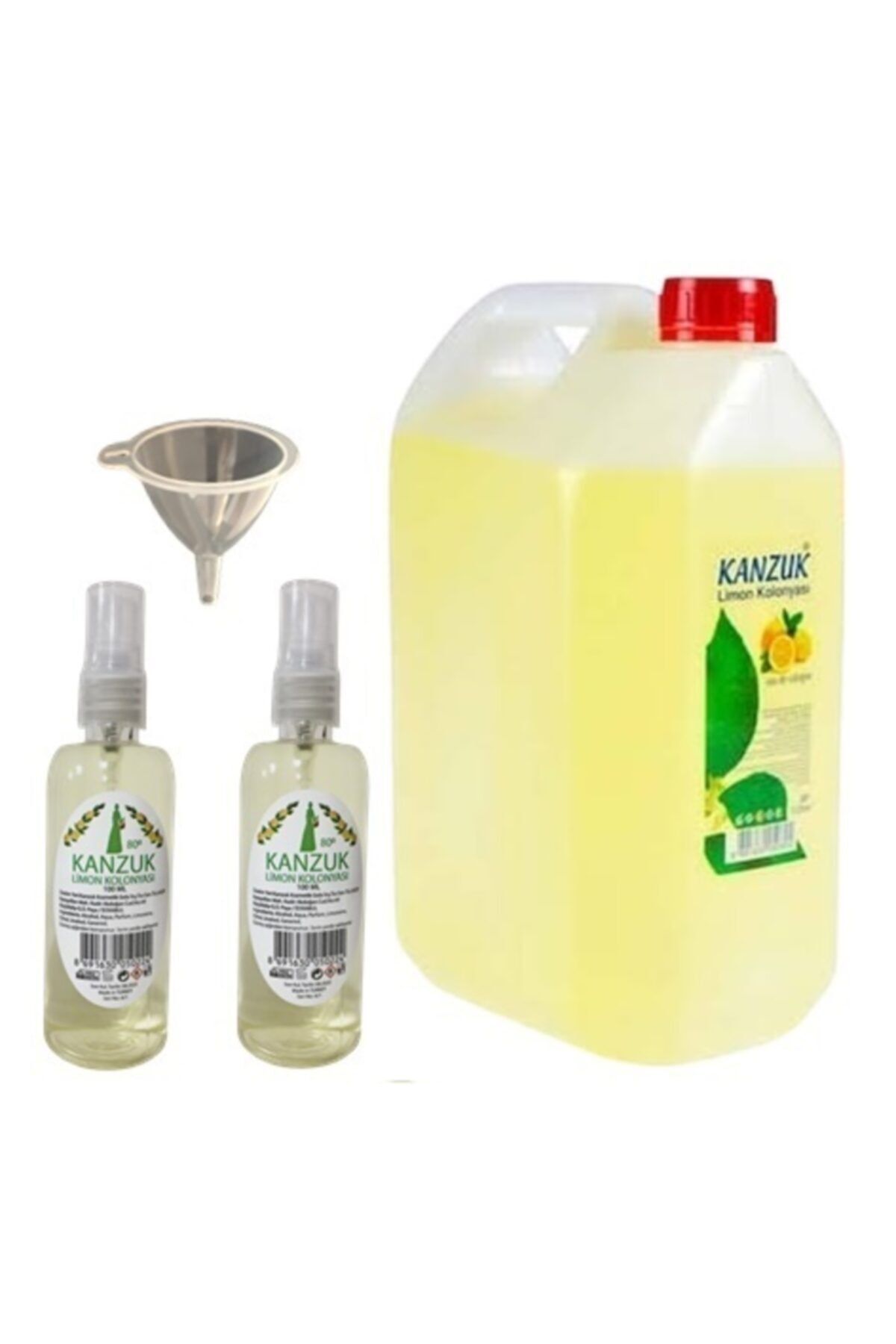 Kanzuk Kolonya 5 lt 80 Derece Limon Kolonyası 2 Adet 100 Ml Sprey ve Huni