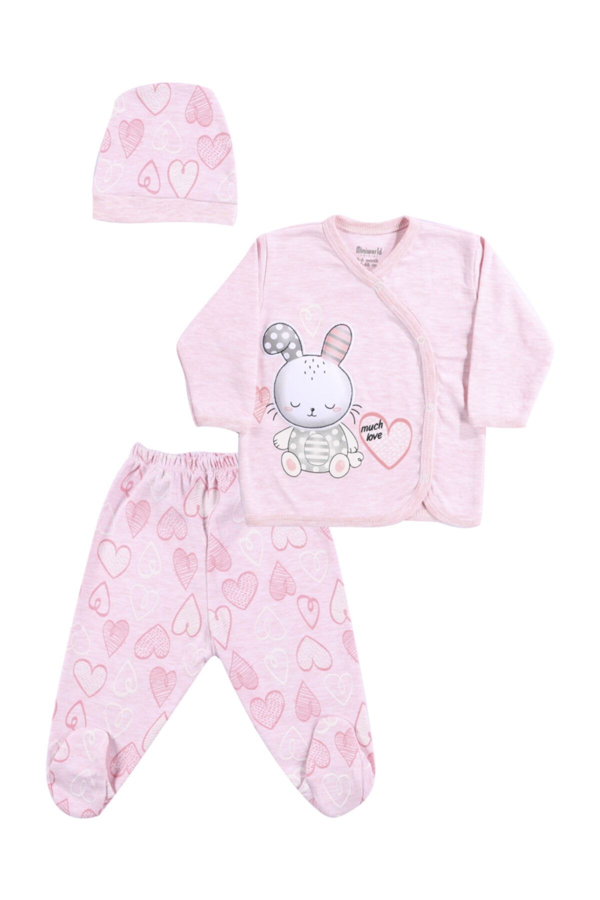 Miniworld Kız Bebek Pembe Tavşanlı 3lü Pijama Takımı