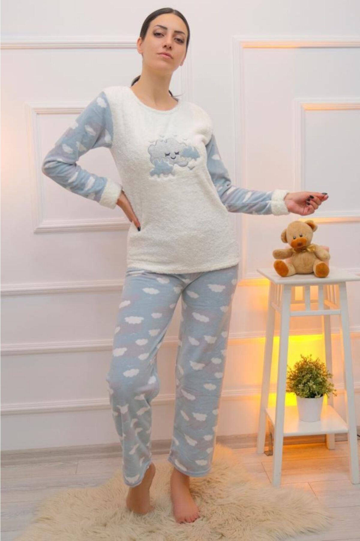 Lukas Kadın Beyaz Polar Peluş Pijama Takımı 1209.1050