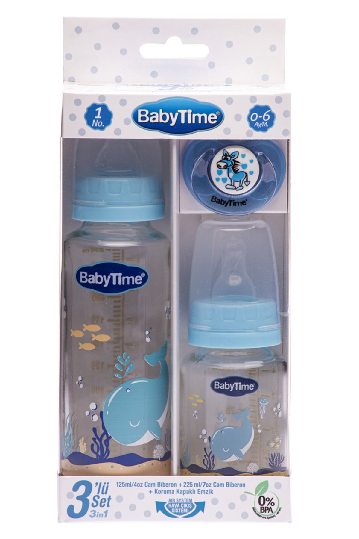Genel Markalar Baby Time Mavi 3'lü Cam Biberon Set