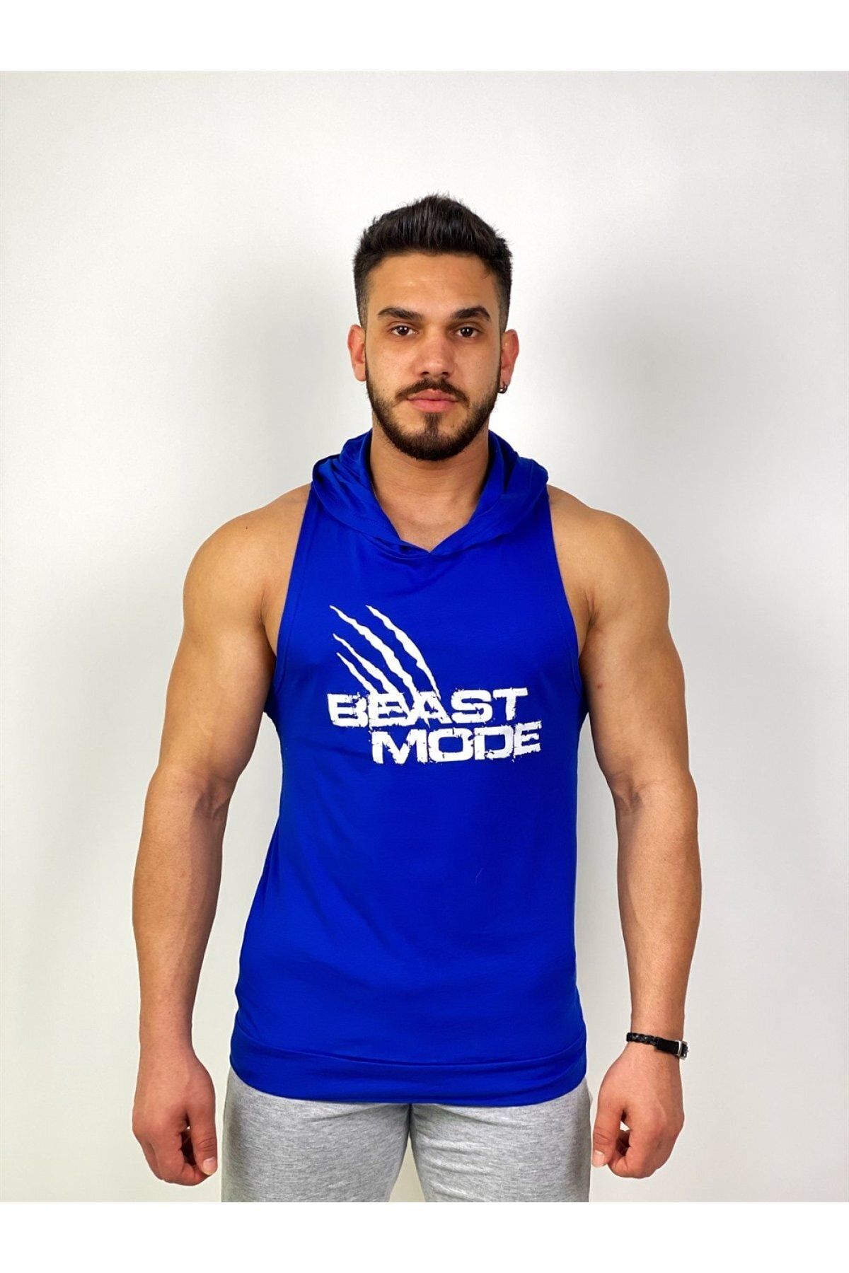 BLACK Erkek Mavi Beast Mode Kapşonlu Fitness Atleti