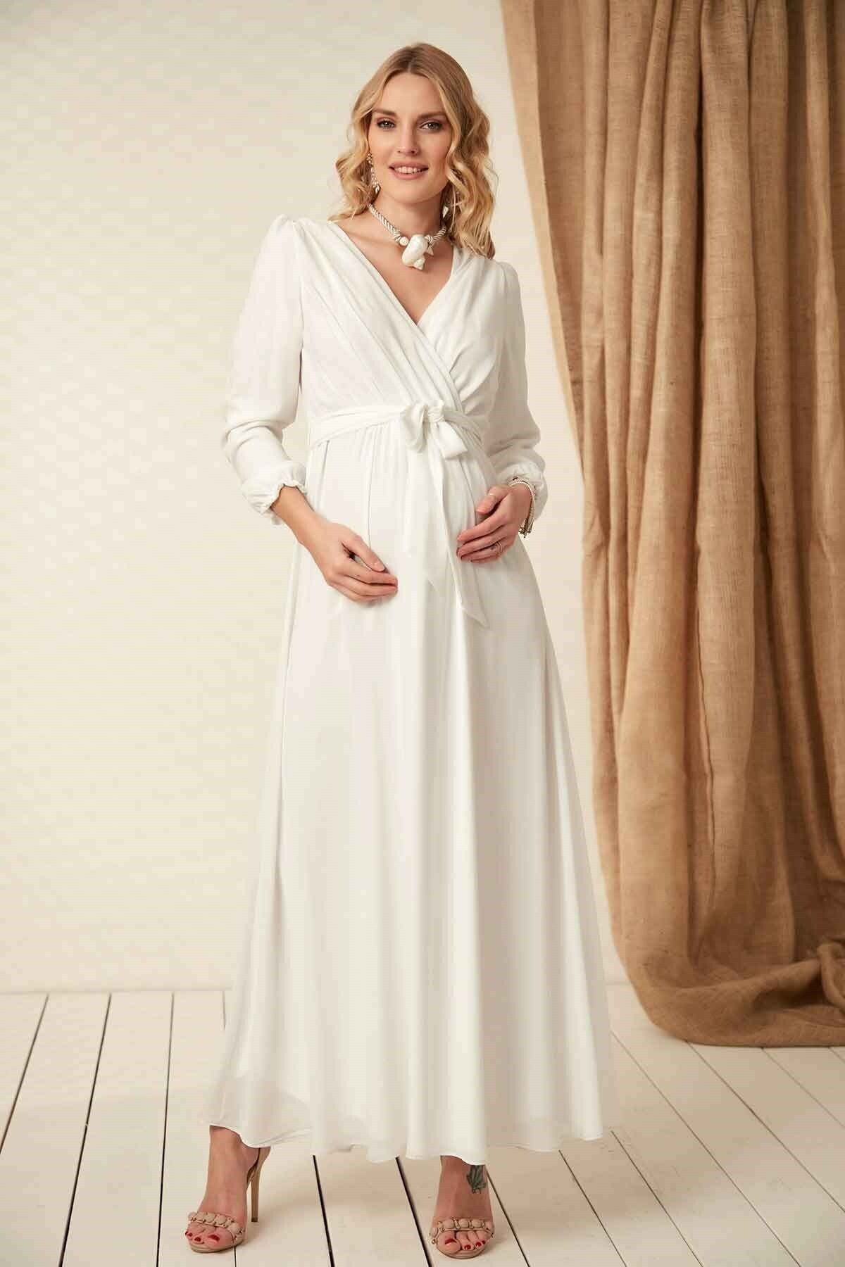 Görsin Hamile Kadın Beyaz Kuşak Detaylı Hamile Elbise