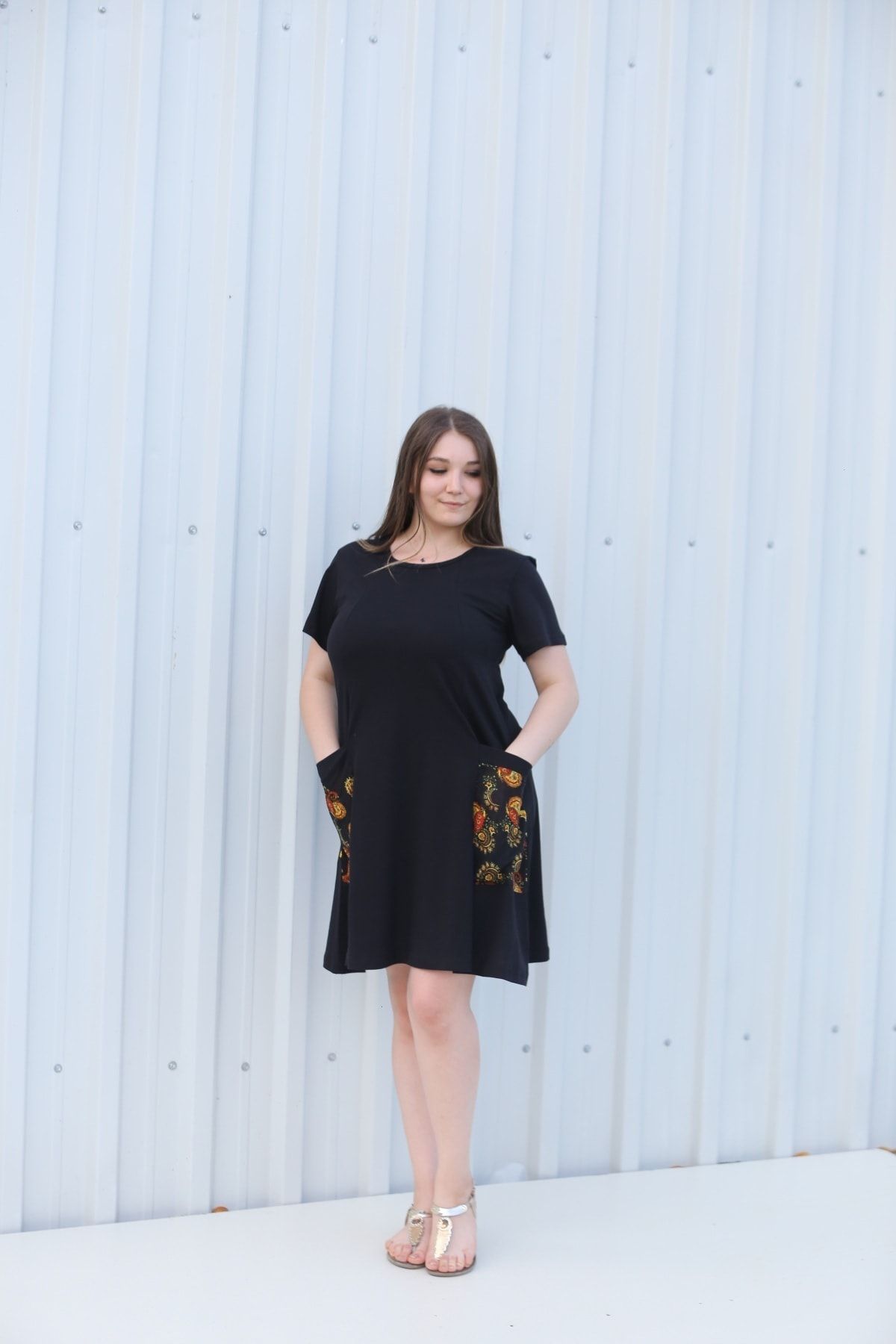 MGS LİFE Kadın, Renkli Cep Detaylı, Siyah Renkli, Büyük Beden Yazlık Elbise
