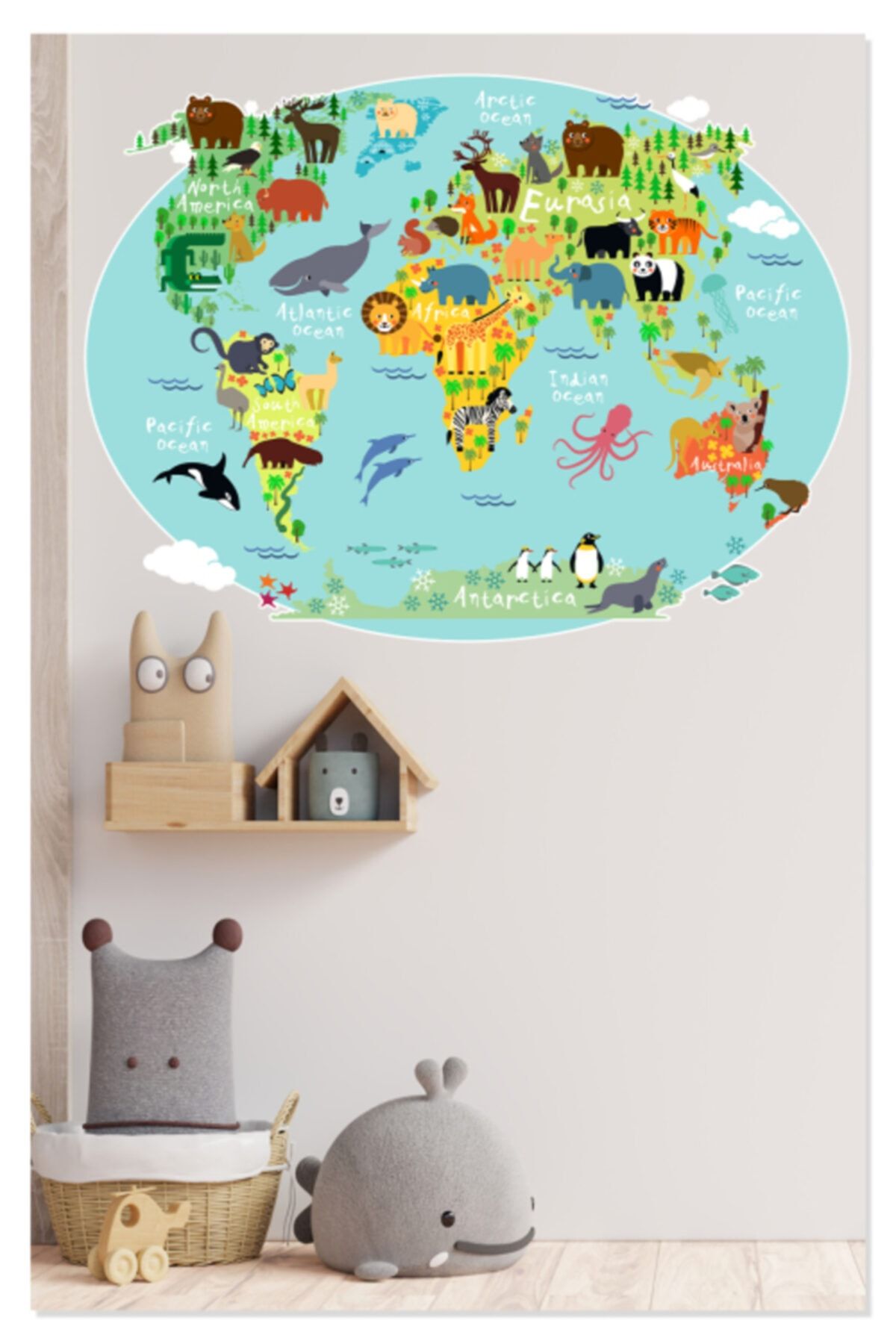 Sticker Sepetim Eğitici Renkli Dünya Atlası , Dünya Haritası Okul, Kreş, Çocuk Ve Bebek Odası Duvar Sticker