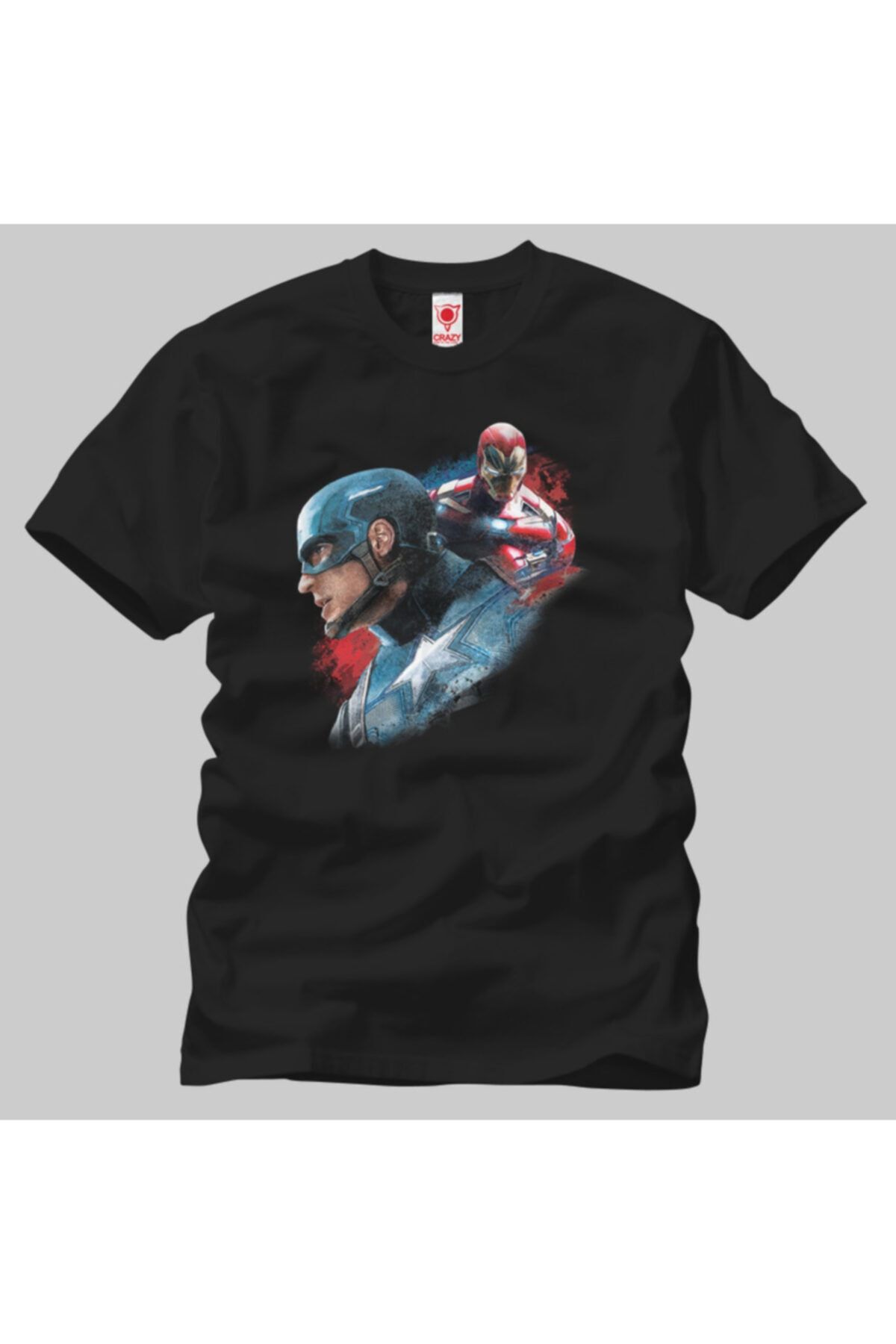 Crazy Erkek Siyah Captain America And Iron Man Painting Tişört