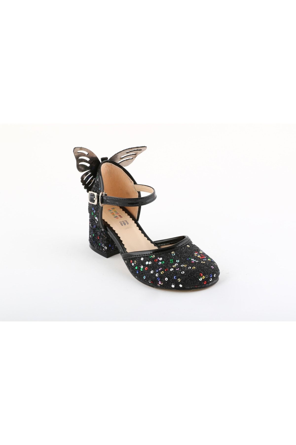 bunnyonthego Kız Çocuk Siyah Taş Işlemeli Cam Kırığı Kelebek Figürlü Topuklu Karnıyarık Model Abiye Ayakkabı
