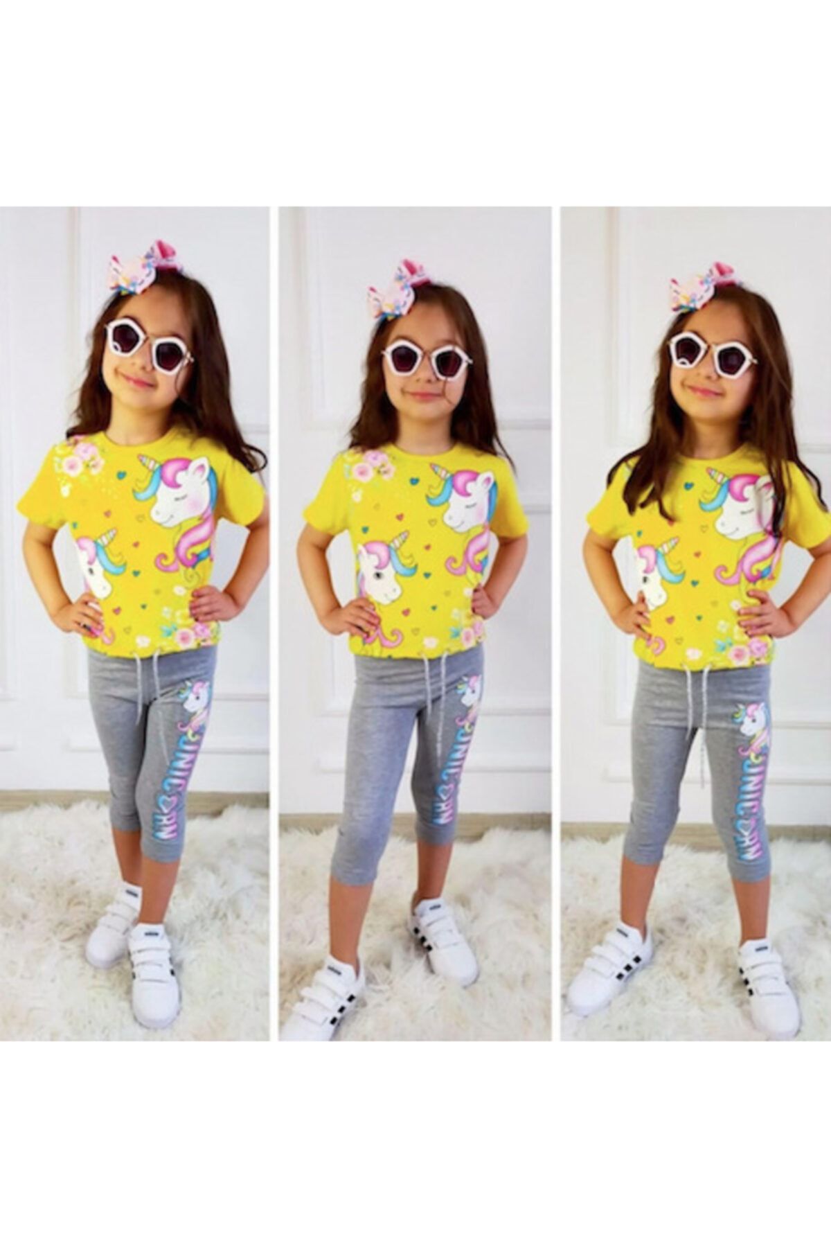 Lolliboomkids Kız Çocuk Unicorn Desen Taytlı Takım Bel Bağlama Detaylı Sarı Renk